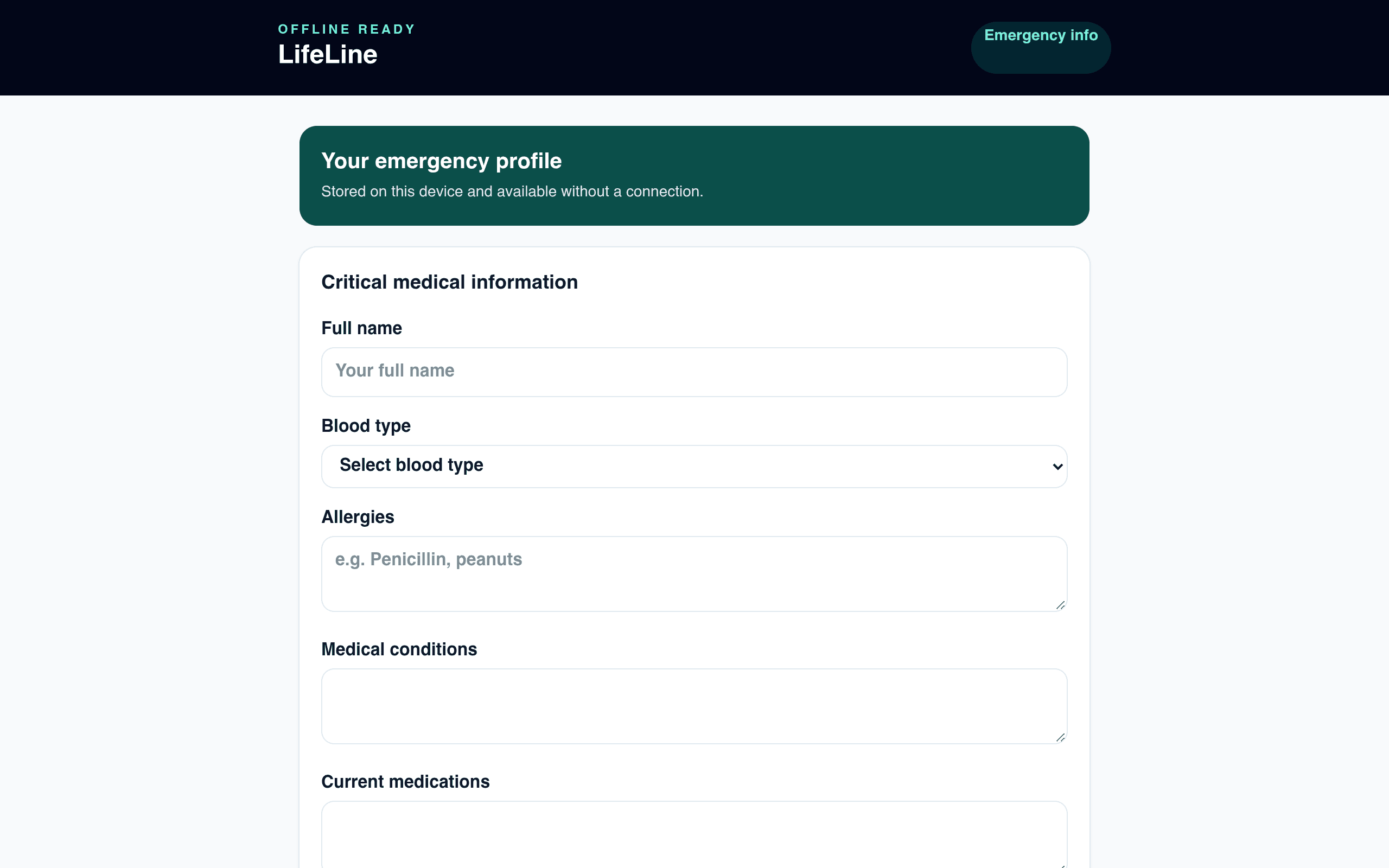 Screenshot of LifeLine — Local Emergency Info PWA