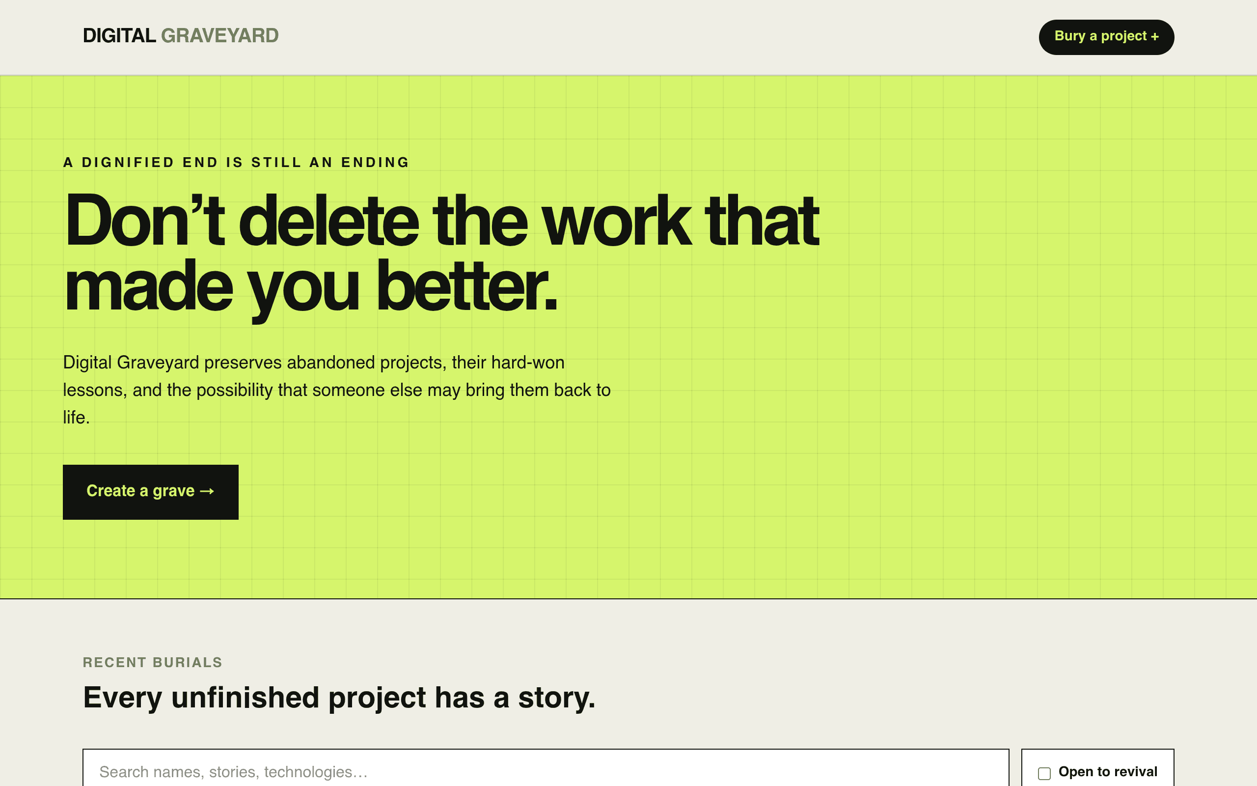 Screenshot of Digital Graveyard