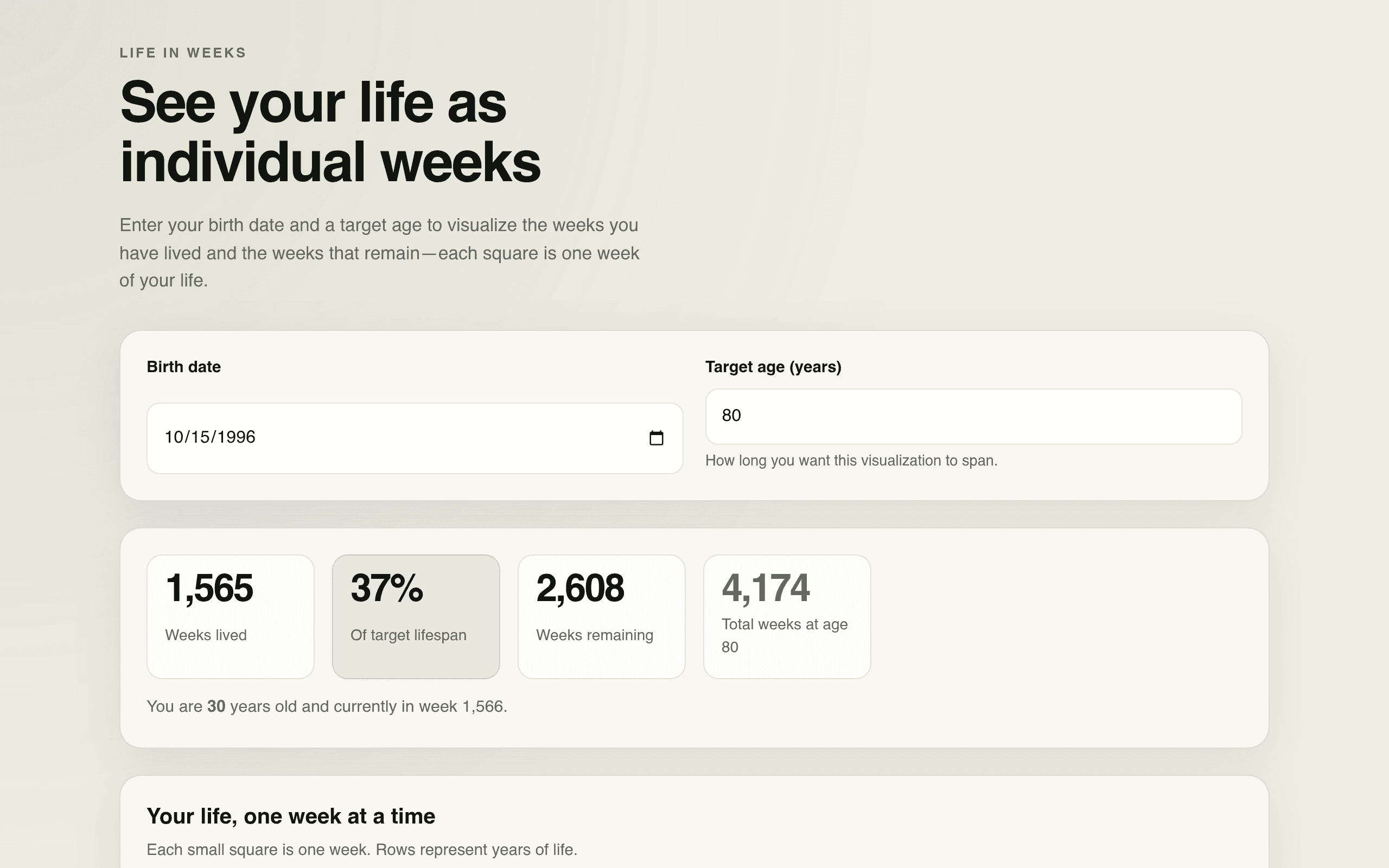 Screenshot of Life in Weeks Visualizer