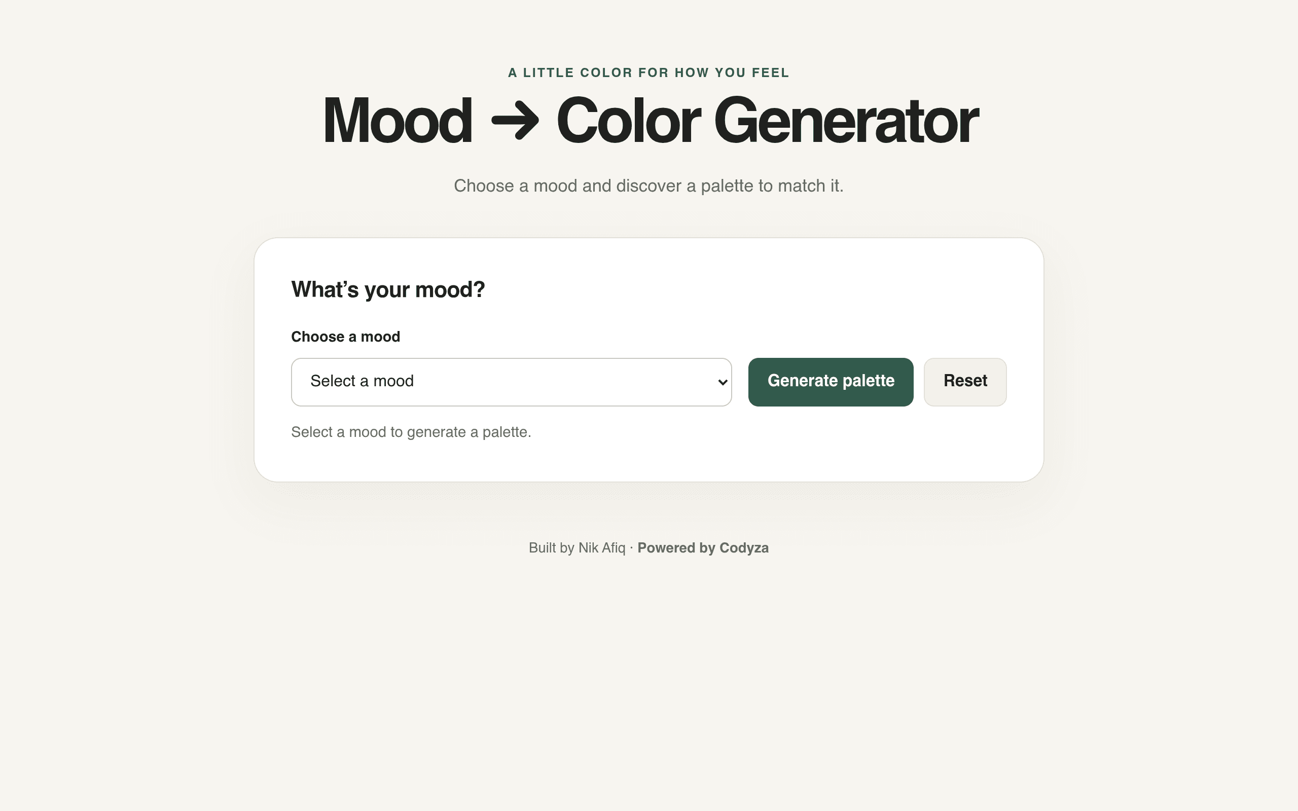 Screenshot of Mood → Color Generator